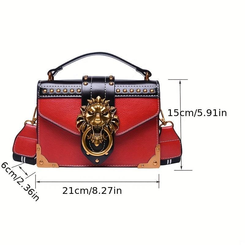 Vintage Studded Metal Lion Crossbody Bag