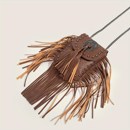 Vintage Skull Patched Pattern Square Bag Halloween Tassel Decor Crossbody Bag