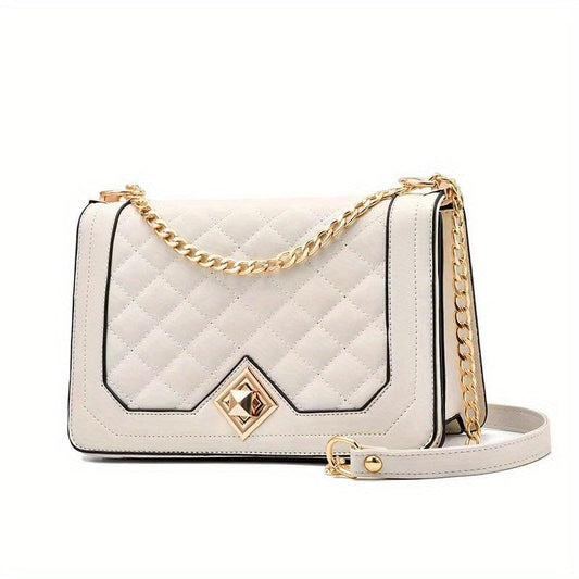 Quilted Chain Crossbody Bag Turn Lock Shoulder Bag Women's Square Purse