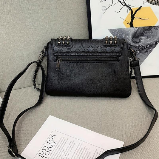 Gothic Chain Crossbody Bag Skull & Studded Decor Shoulder Bag Vintage Flap Purse