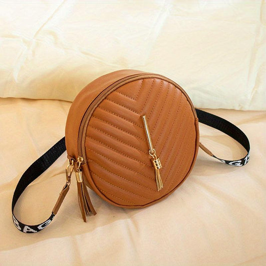 Chevron Quilted Round Bag Crossbody Purse with Tassel