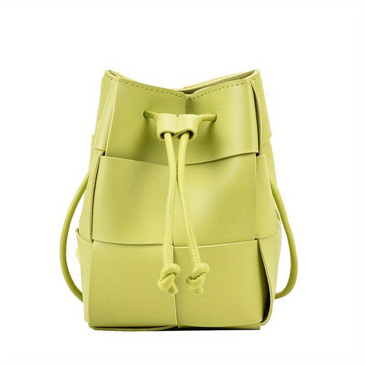 Solid Bucket Bag PU Woven Crossbody Bag Drawstring Handbag