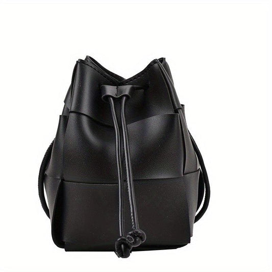 Solid Bucket Bag PU Woven Crossbody Bag Drawstring Handbag