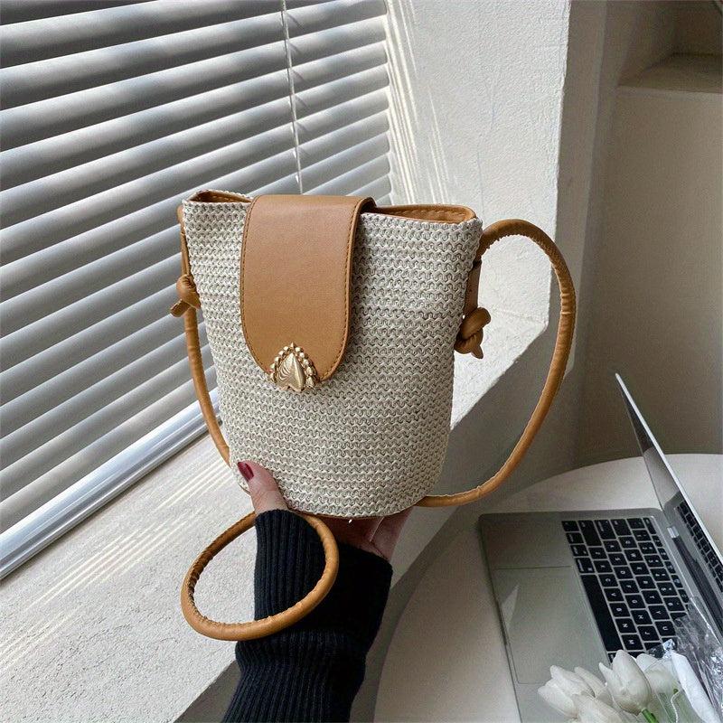 Heart Metal Decor Straw Shoulder Bag Zipper Crossbody Beach Bucket