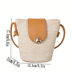 Heart Metal Decor Straw Shoulder Bag Zipper Crossbody Beach Bucket