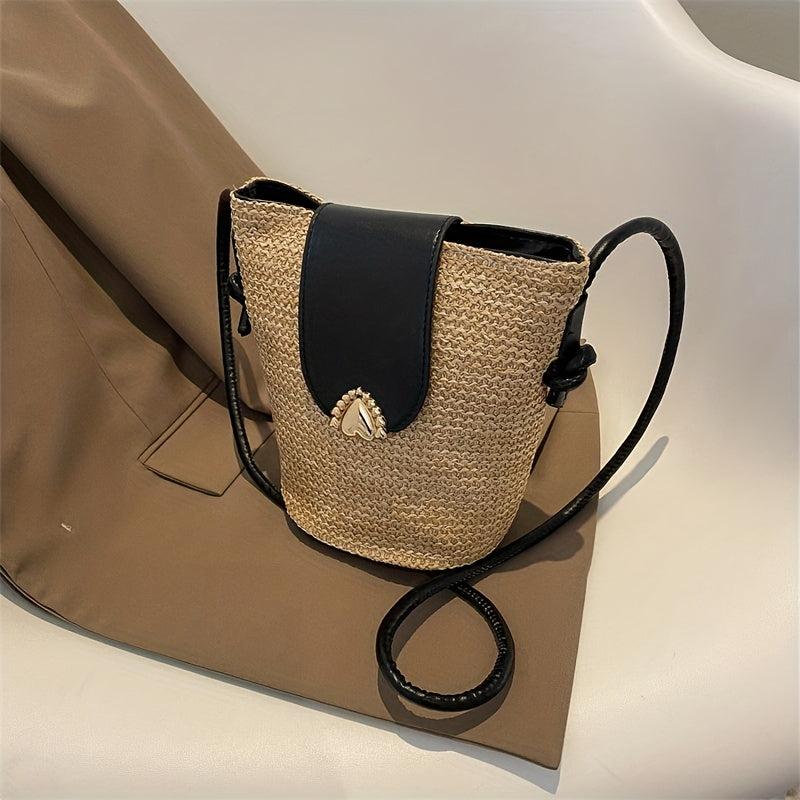 Heart Metal Decor Straw Shoulder Bag Zipper Crossbody Beach Bucket