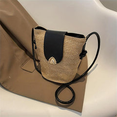 Heart Metal Decor Straw Shoulder Bag Zipper Crossbody Beach Bucket