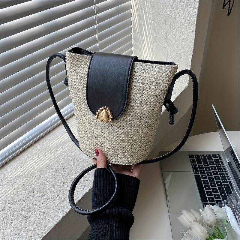 Heart Metal Decor Straw Shoulder Bag Zipper Crossbody Beach Bucket