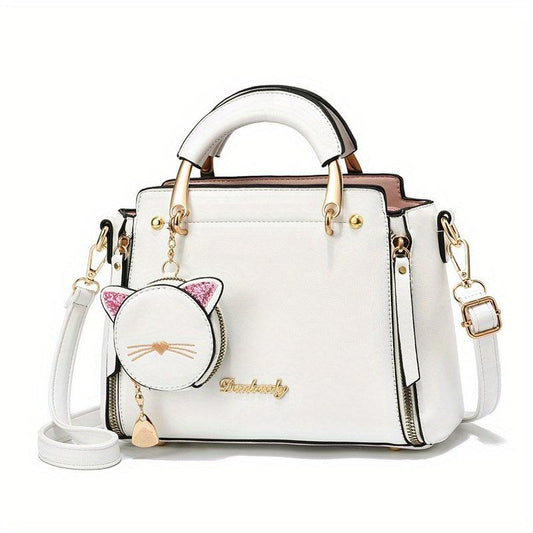 Cartoon Cat Pendant Handbag Zipper Crossbody Bag Women's Satchel Bag