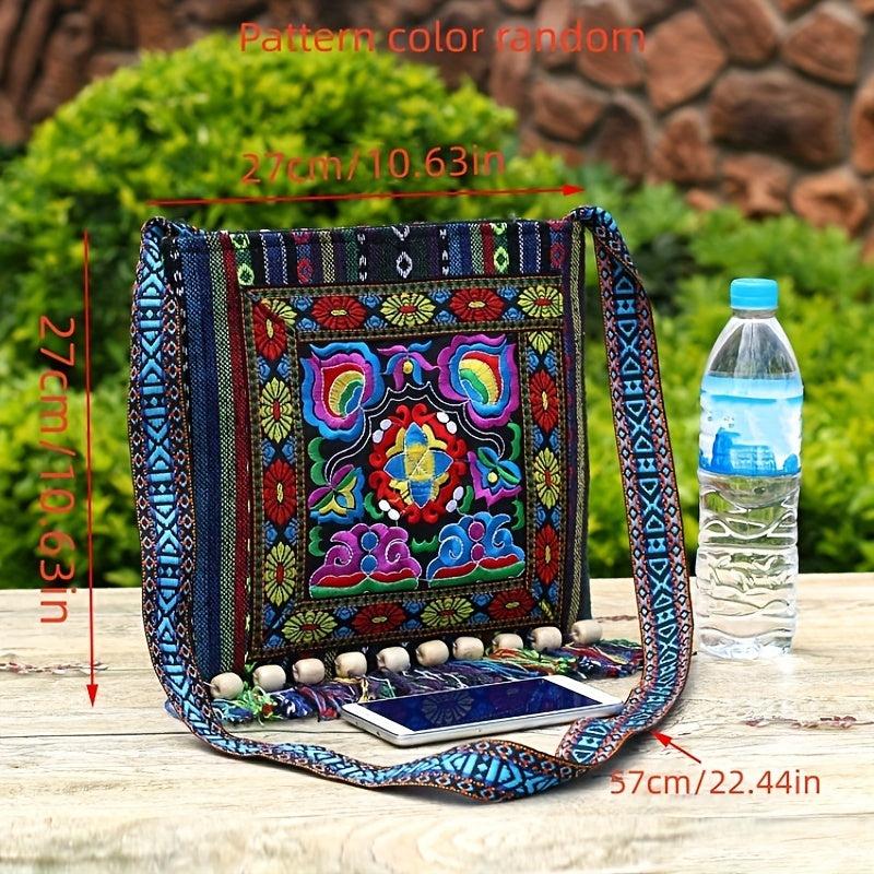 Ethnic Flower Embroidery Crossbody Bag Bohemian Canvas Shoulder Bag