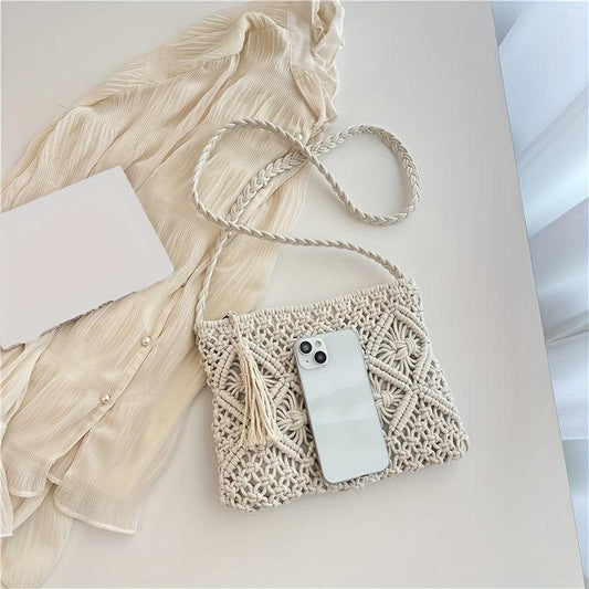 Casual Boho Straw Bag Solid Hollow Woven Square Bag Crossbody Purse