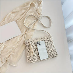 Casual Boho Straw Bag Solid Hollow Woven Square Bag Crossbody Purse