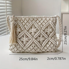 Casual Boho Straw Bag Solid Hollow Woven Square Bag Crossbody Purse