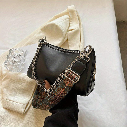 Goth Style Crossbody Bag Chain Decor Zipper Solid Punk Style PU Leather