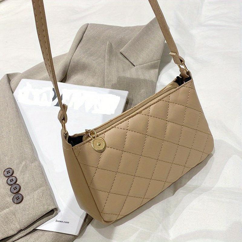 Quilted Zipper Crossbody Bag PU Leather Textured Bag Purse