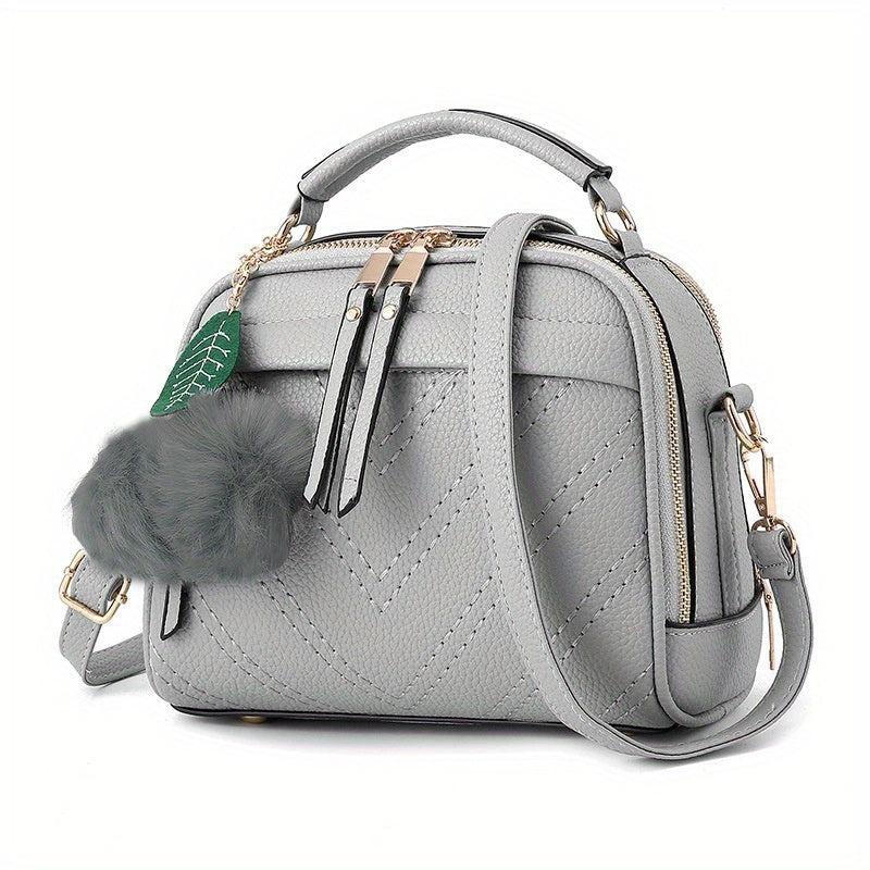 Chevron Quilted Crossbody Bag Shell Handbag Plush Ball Shoulder Purse