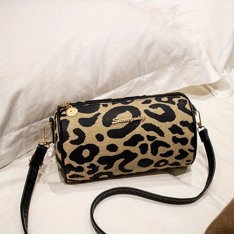 Leopard Print Small Barrel Bag Vintage Stylish Cylinder Bag