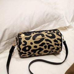 Leopard Print Small Barrel Bag Vintage Stylish Cylinder Bag