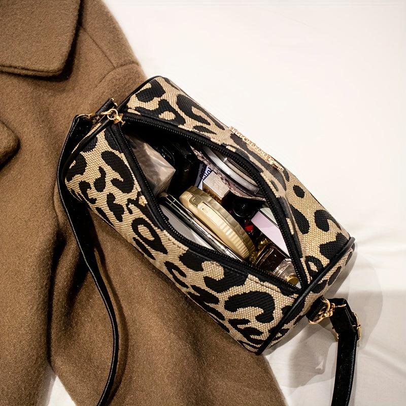 Leopard Print Small Barrel Bag Vintage Stylish Cylinder Bag