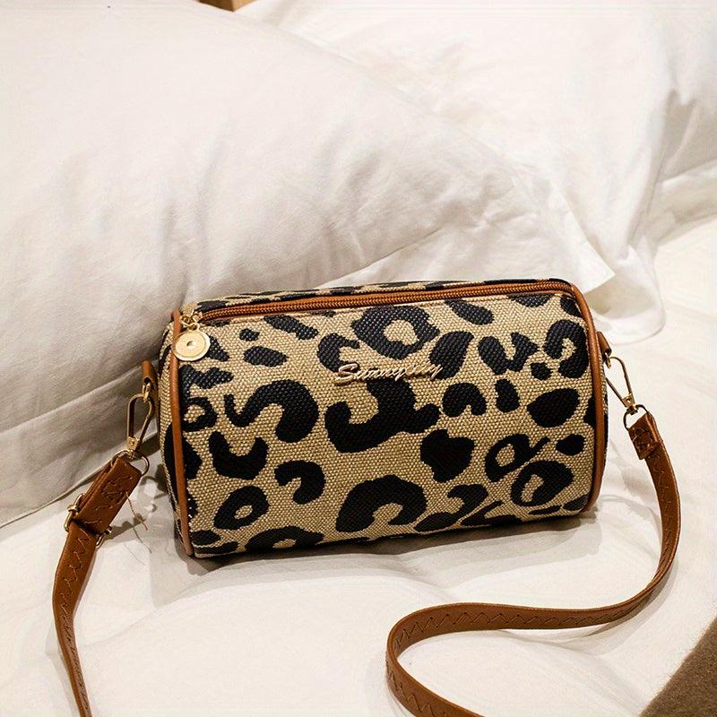 Leopard Print Small Barrel Bag Vintage Stylish Cylinder Bag