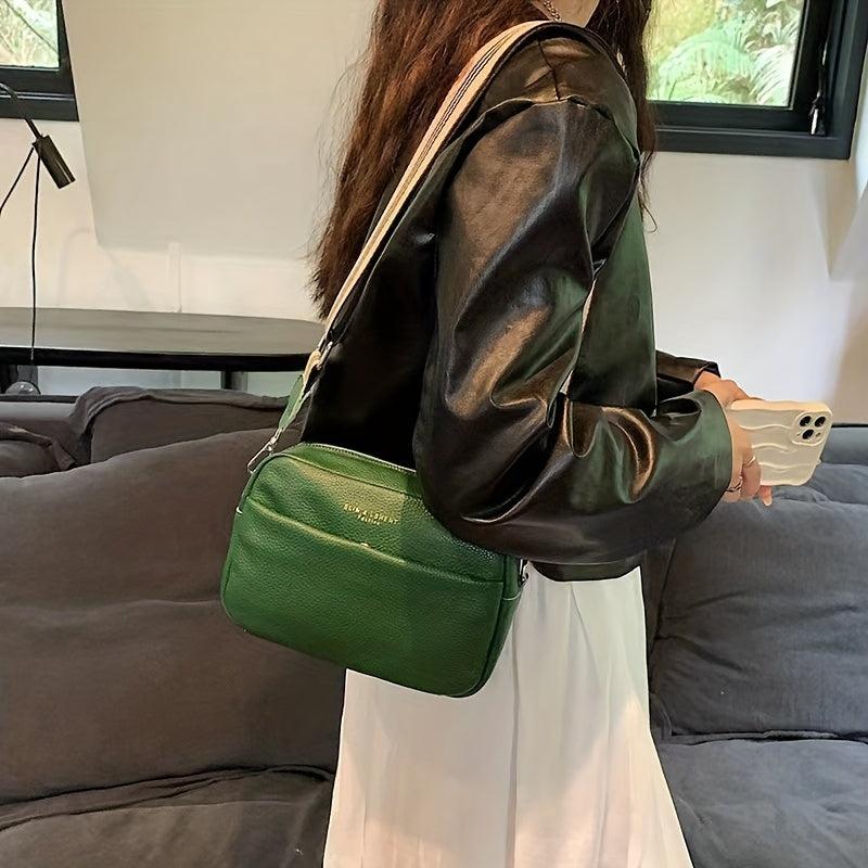 Small Leather Crossbody Bag Wide Strap Shoulder Bag Solid Square Purse