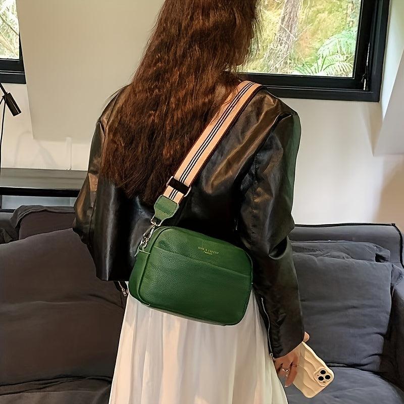 Small Leather Crossbody Bag Wide Strap Shoulder Bag Solid Square Purse