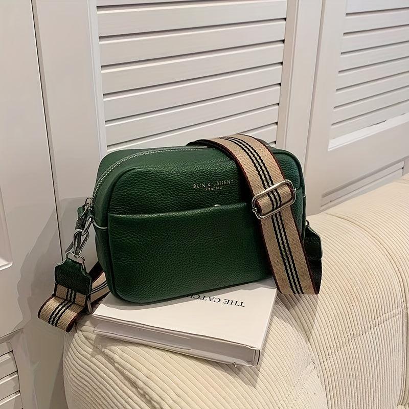 Small Leather Crossbody Bag Wide Strap Shoulder Bag Solid Square Purse
