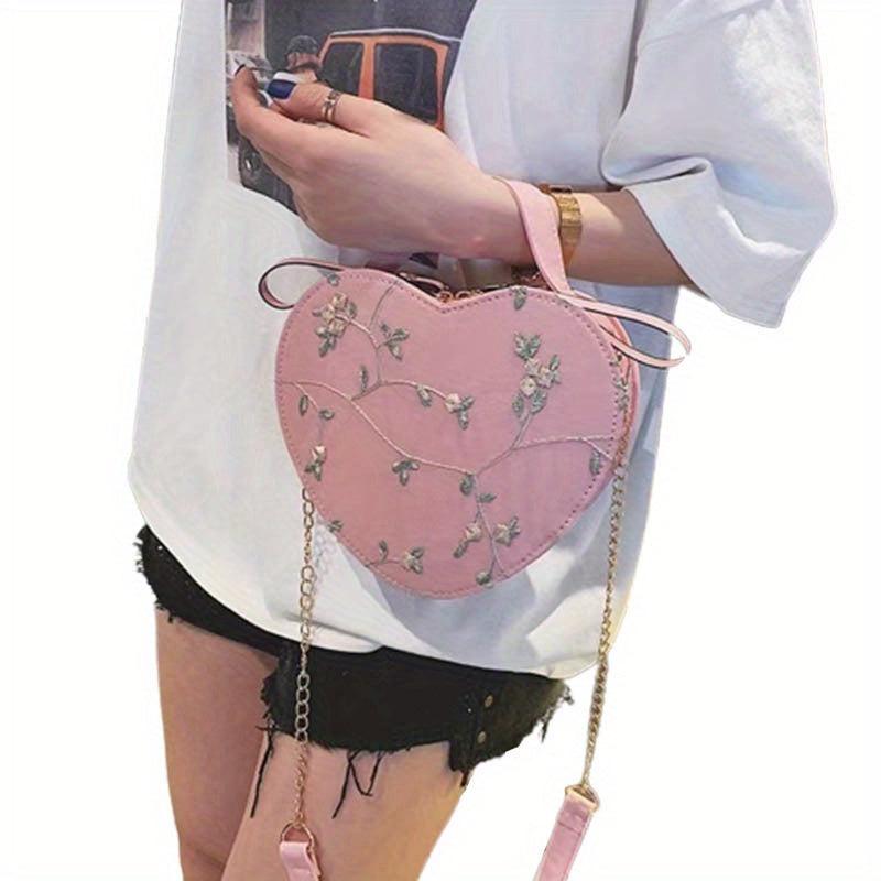 Flower Pattern Heart Shape Shoulder Bag Chain Strap Stylish Crossbody Bag