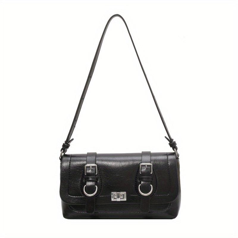 Retro Style Vegan Leather Shoulder Bag Buckle Decor Flap Baguette Bag