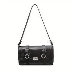 Retro Style Vegan Leather Shoulder Bag Buckle Decor Flap Baguette Bag