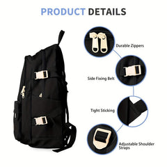 Large Capacity Preppy School Bag Solid Zipper Rucksack All Match Storage Bag