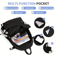 Large Capacity Preppy School Bag Solid Zipper Rucksack All Match Storage Bag