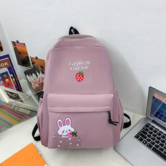Strawberry Print Backpack Rabbit School Bag Casual Travel Bookbag