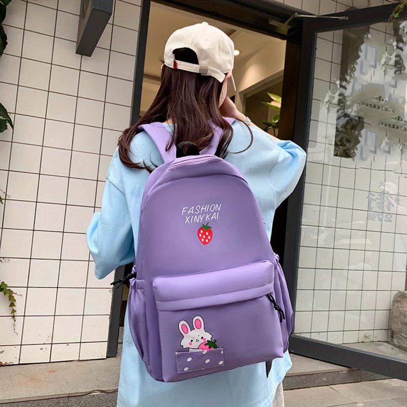 Strawberry Print Backpack Rabbit School Bag Casual Travel Bookbag