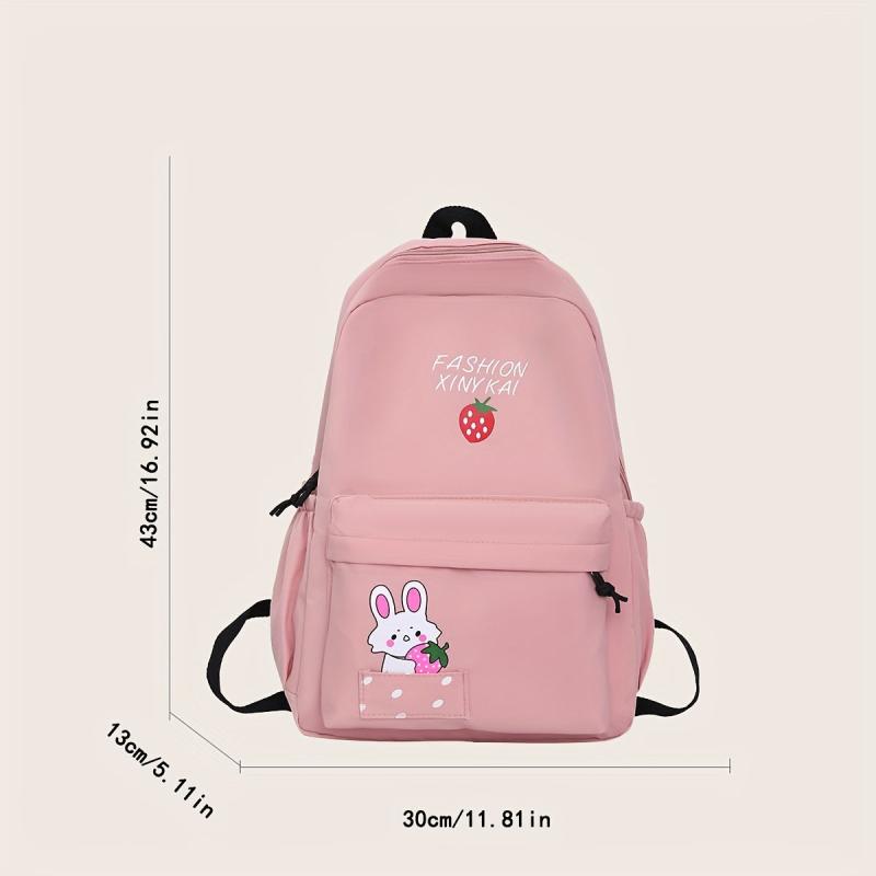 Strawberry Print Backpack Rabbit School Bag Casual Travel Bookbag