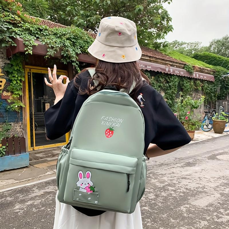 Strawberry Print Backpack Rabbit School Bag Casual Travel Bookbag