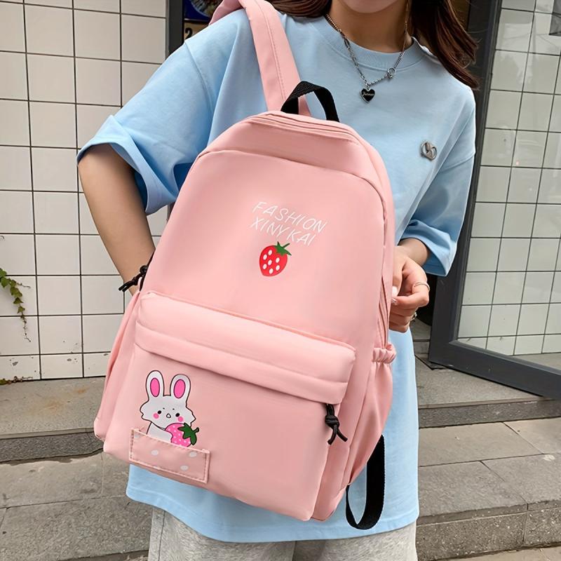 Strawberry Print Backpack Rabbit School Bag Casual Travel Bookbag