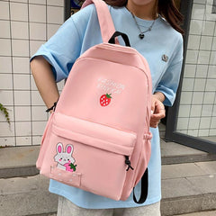 Strawberry Print Backpack Rabbit School Bag Casual Travel Bookbag