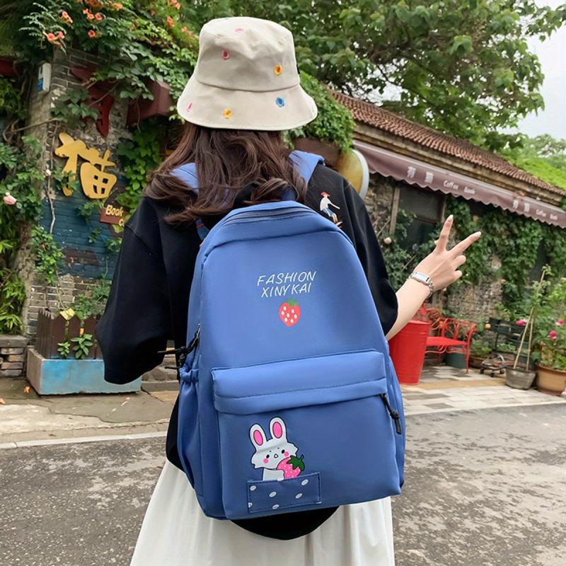 Strawberry Print Backpack Rabbit School Bag Casual Travel Bookbag
