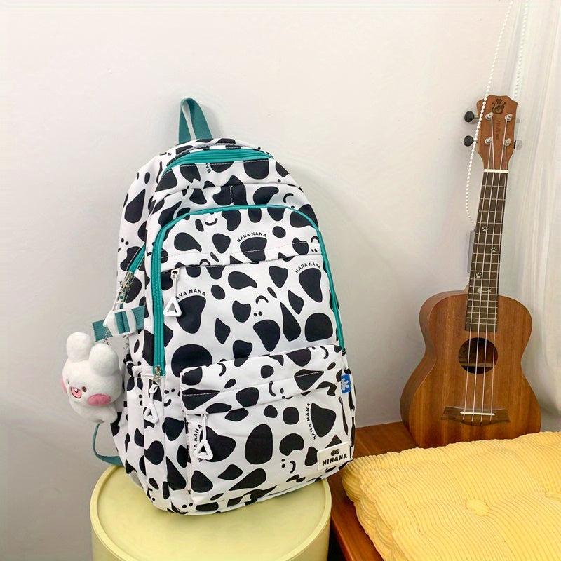 Cow Print Backpack Preppy Style Schoolbag Casual Travel Rucksack