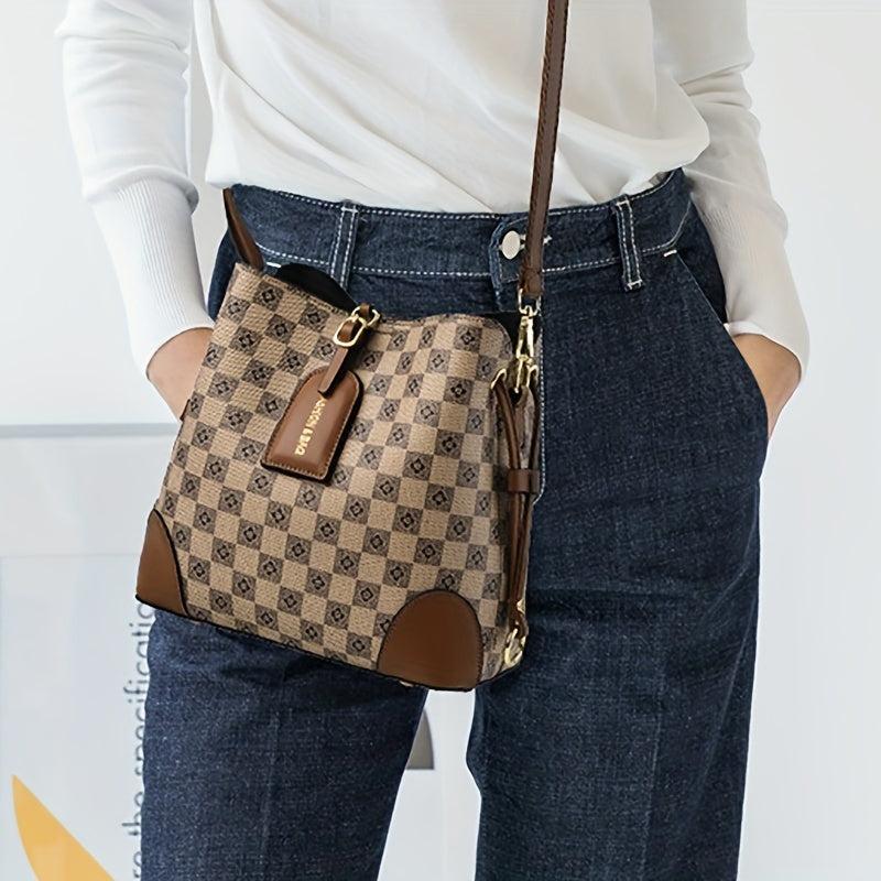 Floral Plaid Bucket Bag Vintage Crossbody Drawstring Handbag
