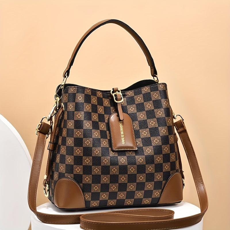Floral Plaid Bucket Bag Vintage Crossbody Drawstring Handbag