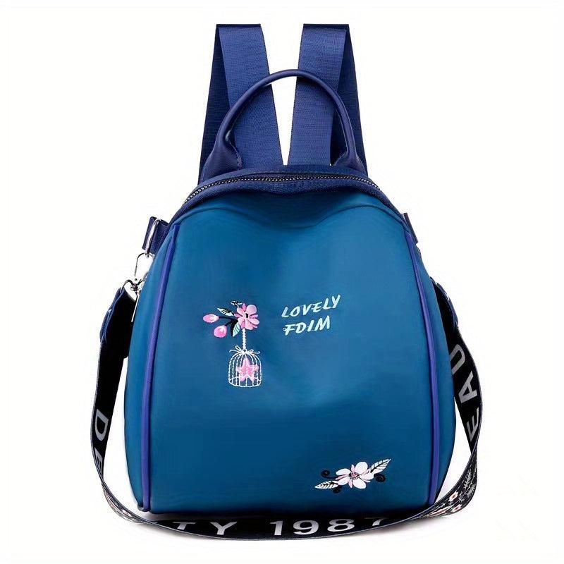 Floral Embroidery Zipper Backpack with Letter Tape Strap