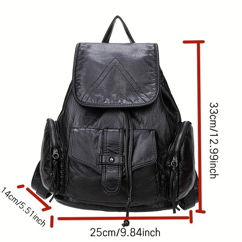 Vintage Washed PU Leather Flap Backpack Pocket Travel Schoolbag