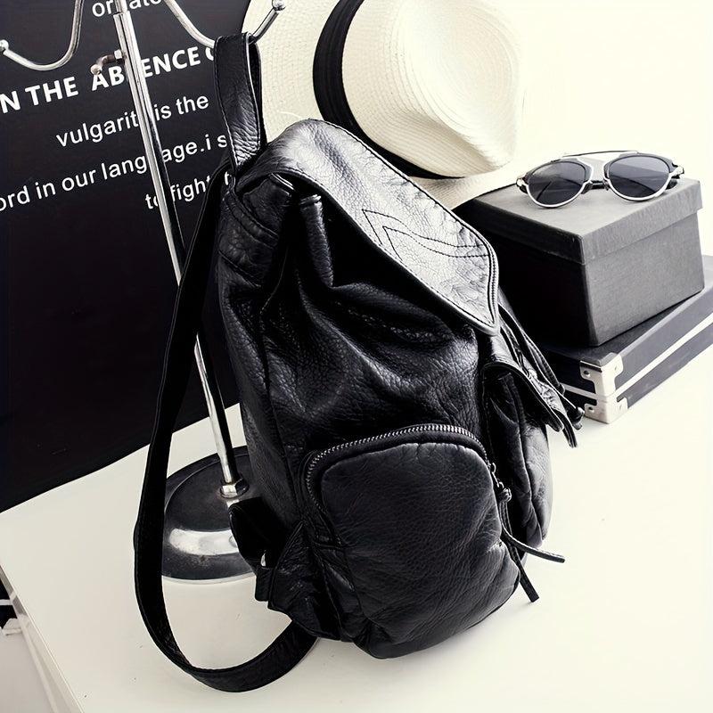Vintage Washed PU Leather Flap Backpack Pocket Travel Schoolbag