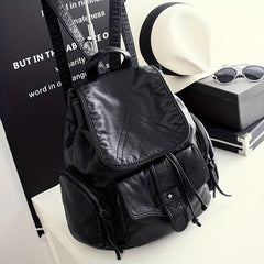 Vintage Washed PU Leather Flap Backpack Pocket Travel Schoolbag