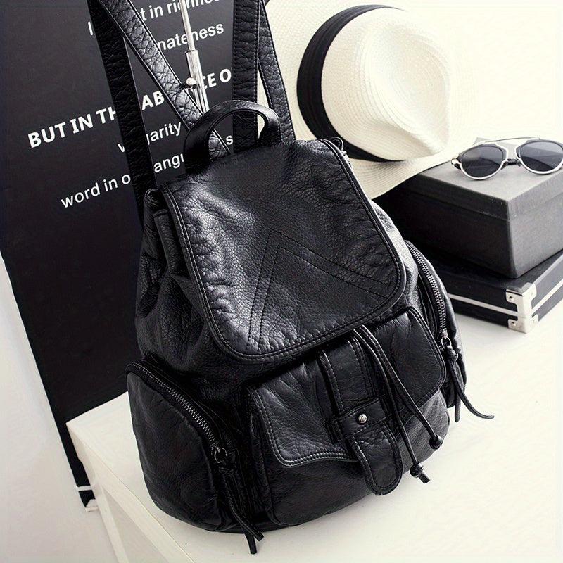 Vintage Washed PU Leather Flap Backpack Pocket Travel Schoolbag