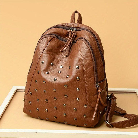 Vintage Studded Decor Backpack Faux Leather Daypack Versatile Travel School Bag