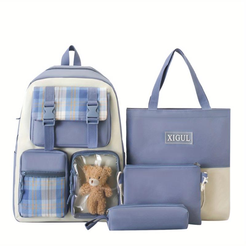 Preppy School Bag Set Colorblock Backpack Handbag Shoulder Bag Long Pouch