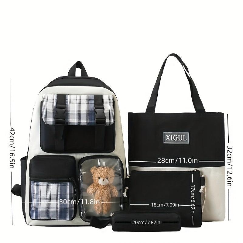 Preppy School Bag Set Colorblock Backpack Handbag Shoulder Bag Long Pouch